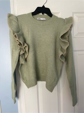 ZARA Sage Green Ruffle-Trim Sweater L